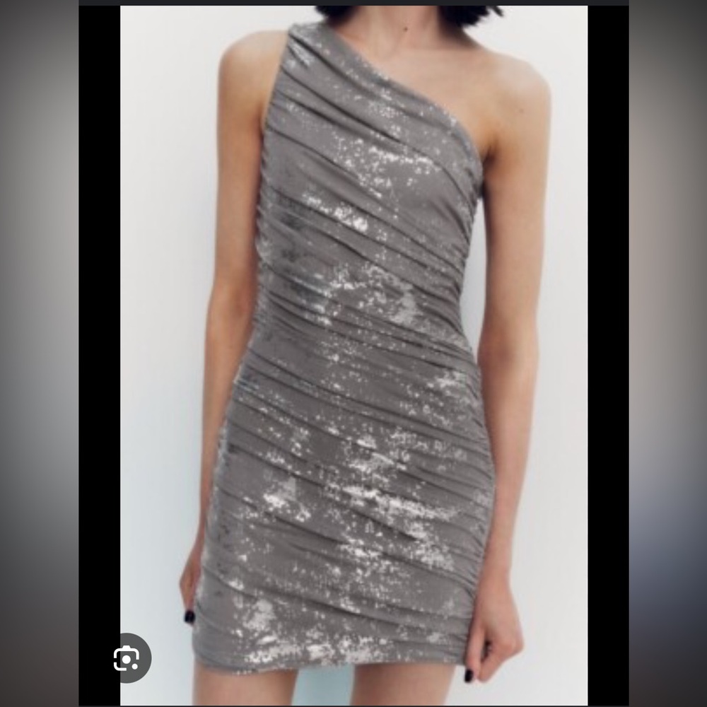 Zara One Shoulder Silver Foil Dress